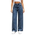 thumbnail image 1 of Tnhcen Women Wide Leg Jeans Beaded Denim Pants High Waisted Straight Leg Jeans with Pockets Button Fly Casual Long Pants S-XL, 1 of 9