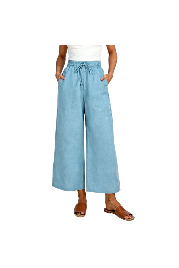 Women's 100% Polyester Drawstring Waist Wide Leg Cropped Pants with Pockets, 2XL Plus Size Casual Relaxed Fit Ankle-Length Trousers, Double-Tone Plain Weave