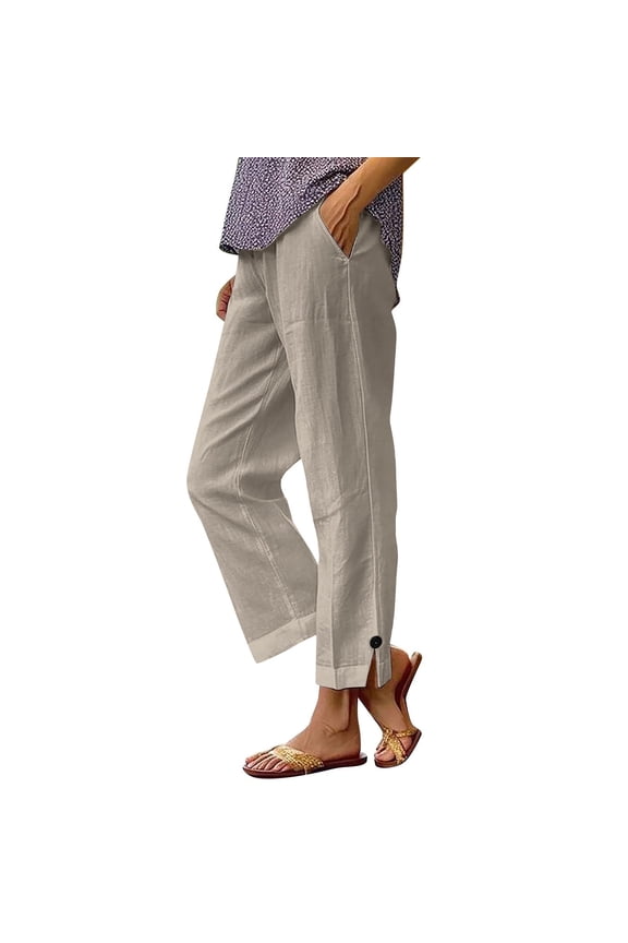 Women's 100% Polyester Pre-Washed Crinkle Straight Leg Pants Elastic Waist Comfort Trousers Plus Size S-3XL Casual Lounge Wear Multiple Colors Available