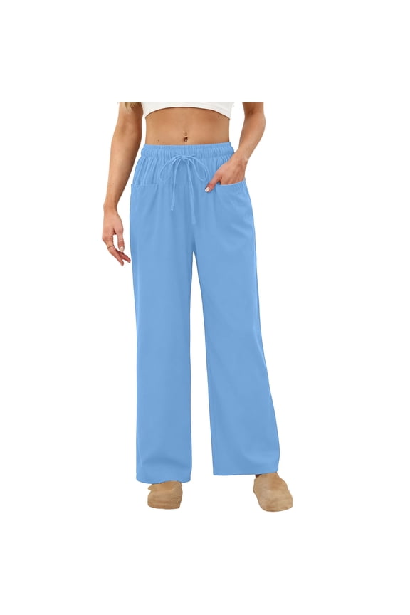 Women's 100% Polyester PreWashed Elastic Waist Drawstring Solid Color Loose Straight Leg Casual Pajama Pants, Lightweight Cozy Sleepwear Loungewear S-2XL