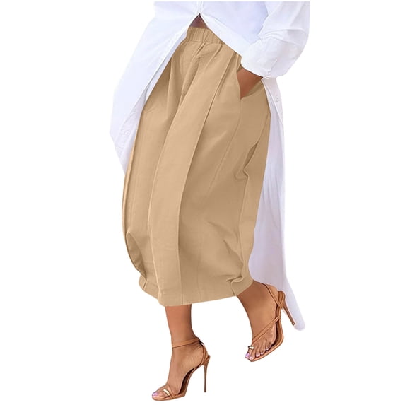 Tnhcen Women's 100% Polyester Twill Casual Elastic Waist Wide Leg 7/8 Length Pants with Pockets Pleated Design Plus Size S - 2XL Solid Loose Trousers