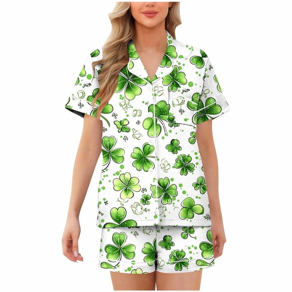 Tnhcen St. Patrick's Day Women's Pajama Set 2 - Piece Button Front Collared Irish Clover Print Short Sleeve Sleep Shirt & Shorts Milk Silk Spandex Pajamas S - 2XL