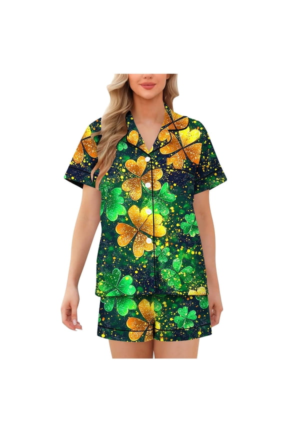 St. Patrick's Day Pajama Set Women's Green 2 Piece Short Sleeve Button Front Milk Silk Sleepwear Elastic Waist Shorts Plus Size S - 2XL Loungewear