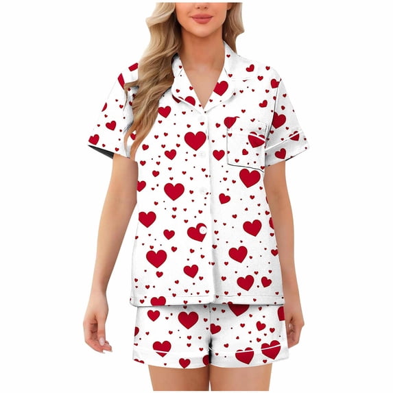 Tnhcen Women's Valentine's Day Pajamas 2-Piece Set Button - Front Short Sleeve Heart Print Milk Silk Soft Stretchy Sleepwear S - 2XL