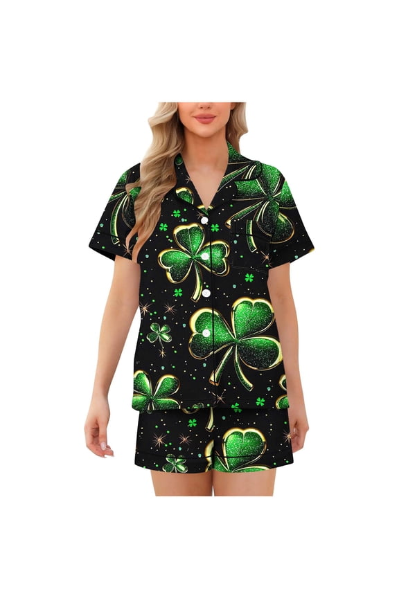 St. Patrick's Day Women's Pajama Set 2 - Piece Button Front Collared Irish Clover Print Short Sleeve Sleep Shirt & Shorts Milk Silk Spandex Pajamas S - 2XL