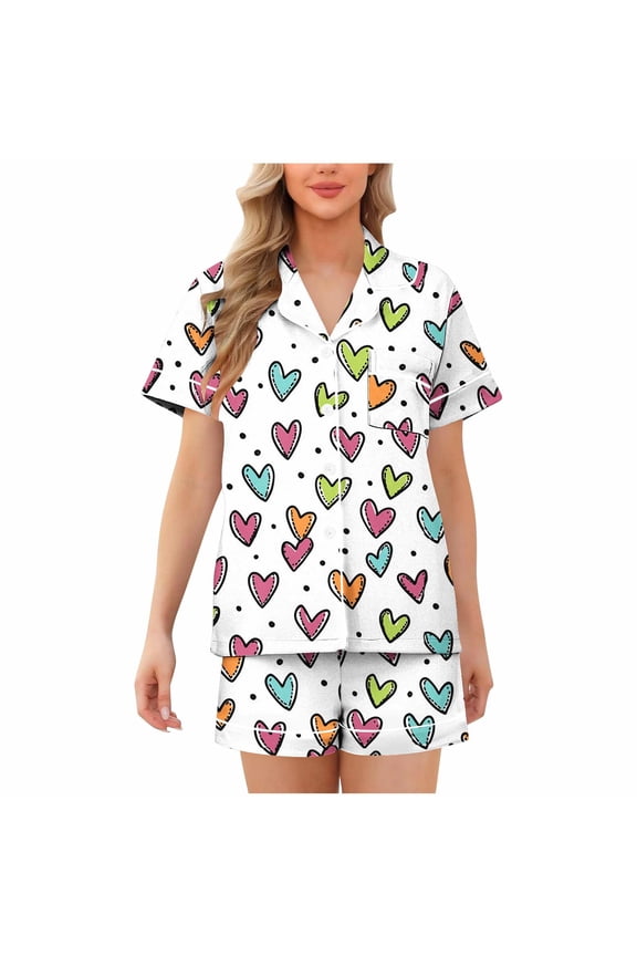 Women's Valentine's Day Pajamas 2-Piece Set Button - Front Short Sleeve Heart Print Milk Silk Soft Stretchy Sleepwear S - 2XL