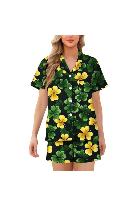 St. Patrick's Day Women's Pajama Set 2 - Piece Button Front Collared Irish Clover Print Short Sleeve Sleep Shirt & Shorts Milk Silk Spandex Pajamas S - 2XL