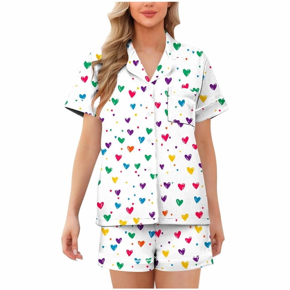 Tnhcen Women's Pajama Set Button Front Turn - down Collar Heart Print Short Sleeve Short Pants Modal - like Fabric S - 2XL Valentine's Day Sleepwear