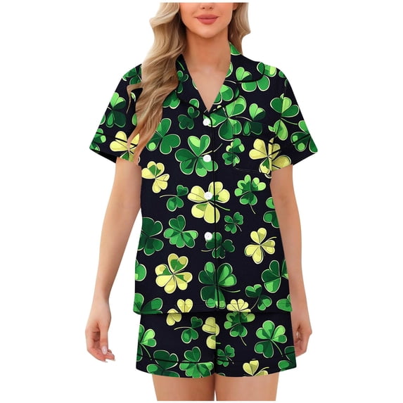 Tnhcen St. Patrick's Day Women's Pajama Set 2 - Piece Button Front Collared Irish Clover Print Short Sleeve Sleep Shirt & Shorts Milk Silk Spandex Pajamas S - 2XL