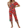 thumbnail image 1 of Tnhcen Women's 2-Piece Christmas Print Pjs Set V-Neck Short Sleeve Top Capri Soft Classic Festive Lounge Pajamas Homewear S-2XL, 1 of 5