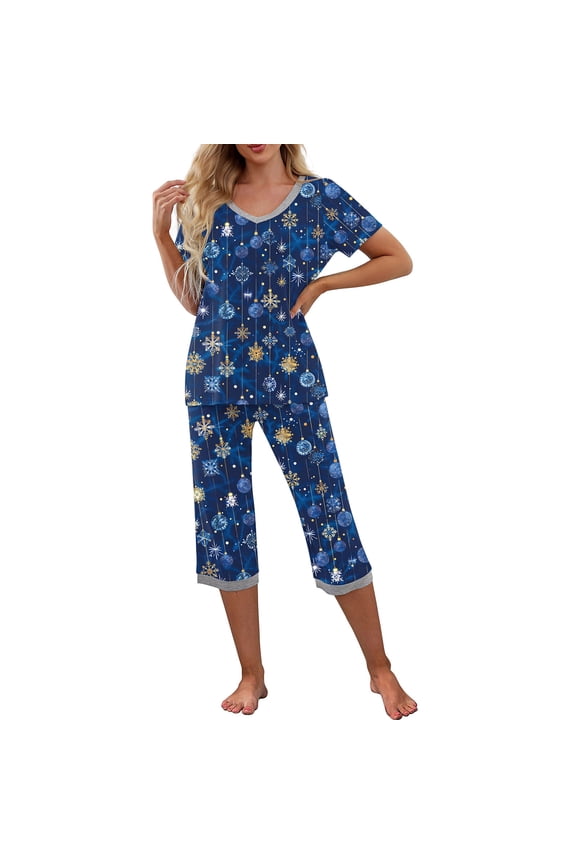 Women's 2-Piece Christmas Snowflake Print Short Sleeve V-Neck Top Capri Soft Whimsical Homewear Classic Nightwear Lounge Pajamas S-2XL