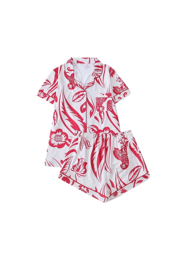 Women's 2 Piece Pajama Set Cute Halloween Print Sleepwear Matching Pjs Sets Button Up Shirt with Lounge Shorts Set S-2XL