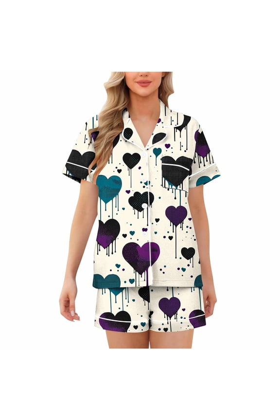 Women's Valentine's Day Pajamas 2-Piece Set Button - Front Short Sleeve Heart Print Milk Silk Soft Stretchy Sleepwear S - 2XL