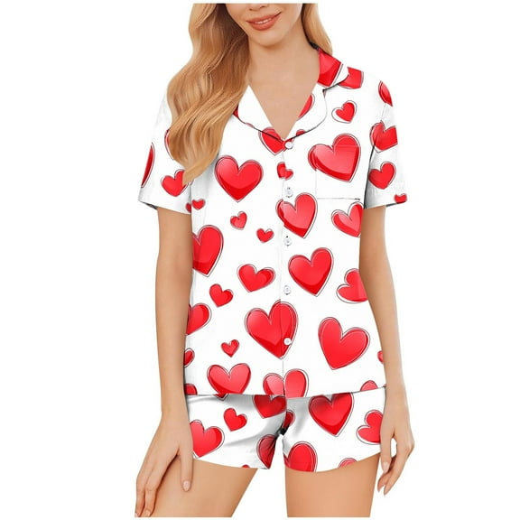 Tnhcen Women's Valentine Print Button Front Flip Collar Short Sleeve Short Pants Pajama Set Milk Silk 95% Polyester 5% Spandex Sleepwear S-2XL