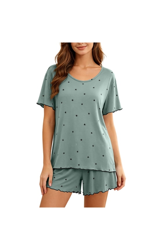 Women's 2 Piece Pajama Set Modal Blend Star Print Short Sleeve Top and Shorts Loungewear with Lettuce Edge Elastic Waist Summer Sleepwear