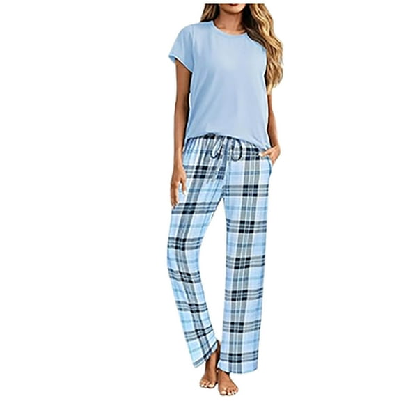Tnhcen Women's 2 Piece Pajama Set Solid color Crewneck Short Sleeve Top and Plaid Print Pants Set Home Clothes S-2XL