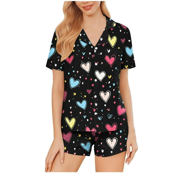 Tnhcen Women's 2 Piece Pajama Set Valentine's Day Graphic Sleepwear Matching Pjs Sets Button Up Shirt with Lounge Shorts Set S-2XL
