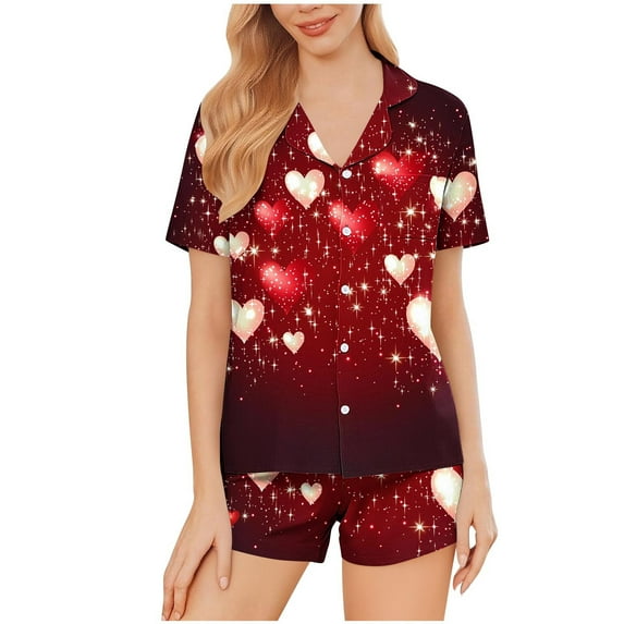 Tnhcen Women's 2 Piece Pajama Set Valentine's Day Graphic Sleepwear Matching Pjs Sets Button Up Shirt with Lounge Shorts Set S-2XL