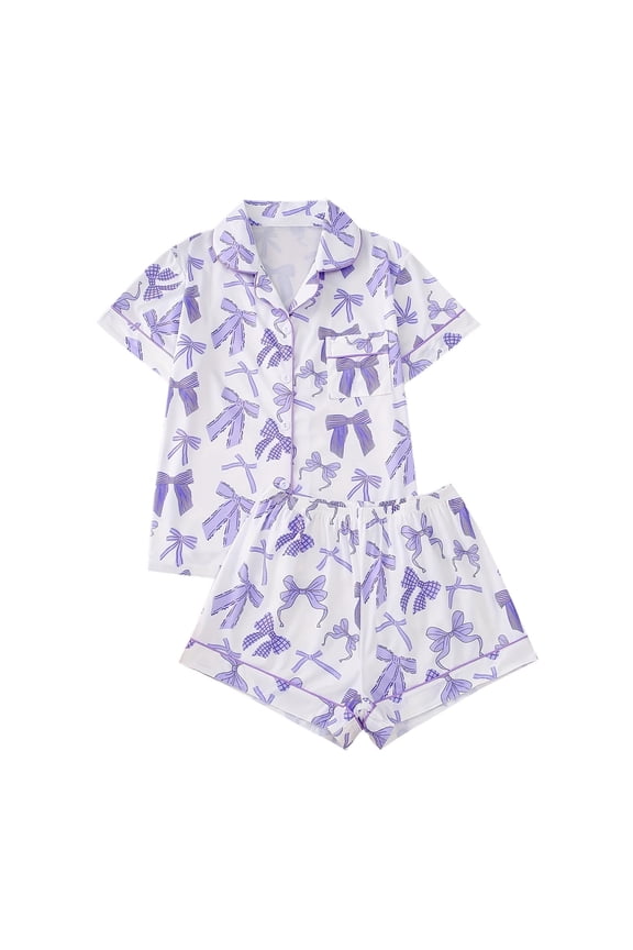 Women's 2 Piece Purple Bow Graphic Pajama Set Button Down Short Sleeve Lapel Shirt Pjs Shorts Lounge Set S-2XL