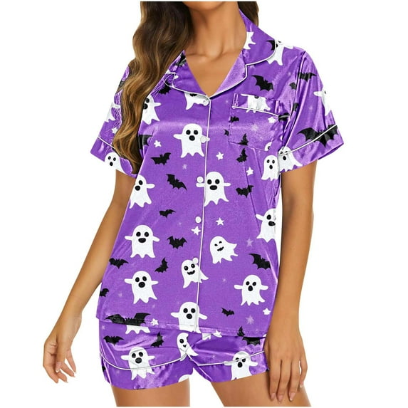 Tnhcen Women's 2 Piece Purple Halloween Graphic Pajama Set Button Down Short Sleeve Lapel Shirt Pjs Shorts Lounge Set S-2XL Multicolor