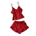 thumbnail image 1 of Tnhcen Women's 2 Piece Silk Satin Pajama Set V Neck Spaghetti Straps Sleeveless Cami Tops and Ruffled Shorts Pjs Set Lounge Homewear Set S-XL, 1 of 3