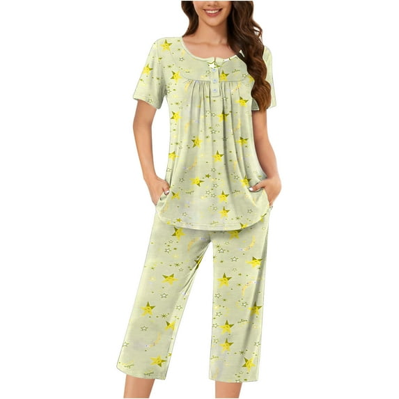 Tnhcen Women's 2-Piece Summer Pajamas Henley-Collar Home Clothes Short-Sleeve Shirts And Capri Trousers With Pockets