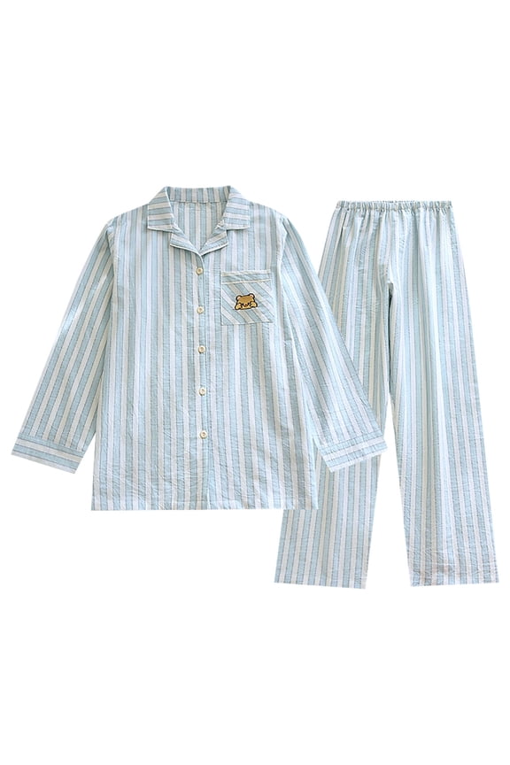 Women's 2 Pieces Cotton Pajamas Set Cartoon Little Bear Print Long Sleeves Top Nightwear Homewear Set M-XL