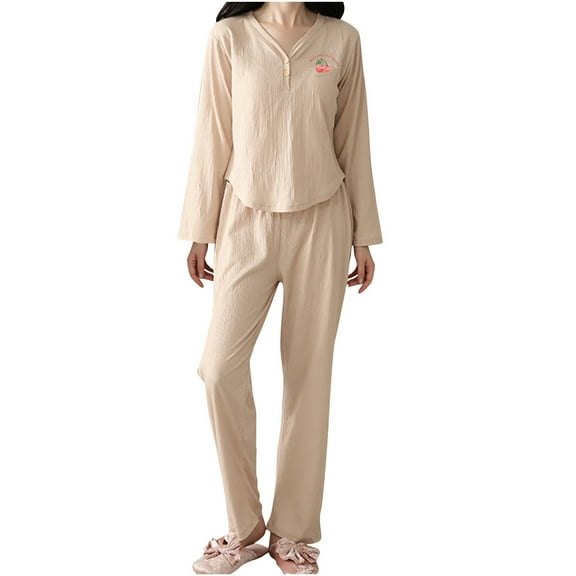 Tnhcen Women's 2 Pieces V-neck Solid Color Pajamas Set Long Sleeved Pants Nightwear Homewear Set M-4XL