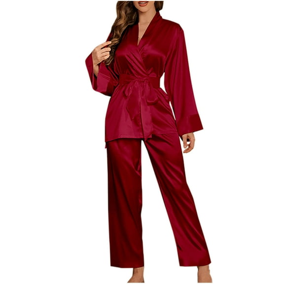 Tnhcen Women's 2 pieces Silk Satin Pajamas Set Long Sleeves Top Pants Nightwear Home Clothes Set S-2XL