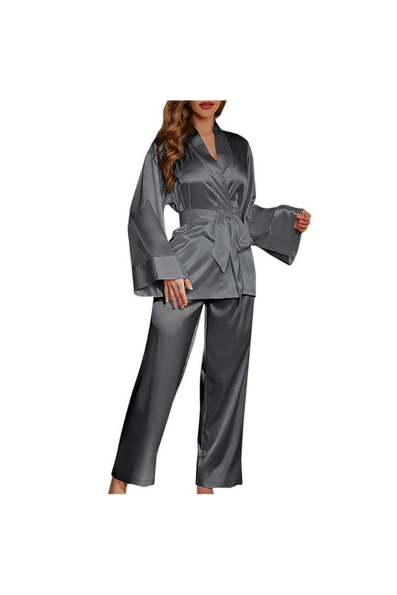 Women's 2 pieces Silk Satin Pajamas Set Long Sleeves Top Pants Nightwear Home Clothes Set S-2XL