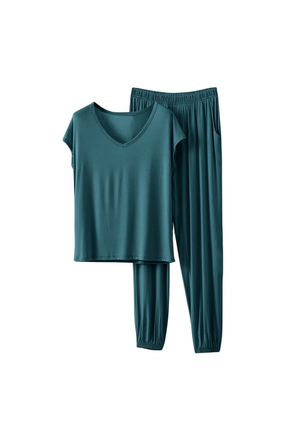 Women's 20% Modal 40% Cotton 40% Polyester Casual Loose Fit V-Neck Short Sleeve Long Pants Pajama Sleepwear Home Wear Set (Sizes M-2XL)