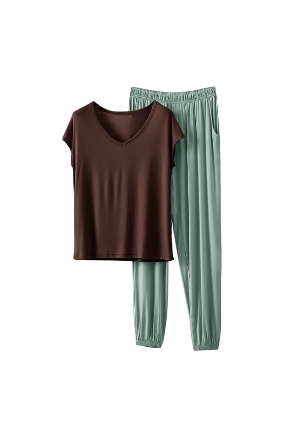 Women's 20% Modal 40% Cotton 40% Polyester Loose Fit V - Neck Short Sleeve Pajama Set with Elastic Waist Pants Casual Home Wear Sleepwear, Available in Sizes M - 2XL