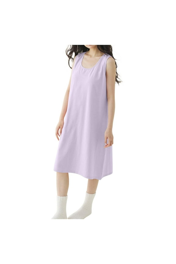 Tnhcen Women's 2025 Cotton Solid Sleep Dresses - New Arrival Sleeveless Round Neck Basic Nightgowns with Built-in Bra Pads Loose Fit Long Pajama Dresses for Women Casual Home Sleepwear M-2XL