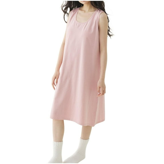 Tnhcen Women's 2025 Cotton Solid Sleep Dresses - New Arrival Sleeveless Round Neck Basic Nightgowns with Built-in Bra Pads Loose Fit Long Pajama Dresses for Women Casual Home Sleepwear M-2XL