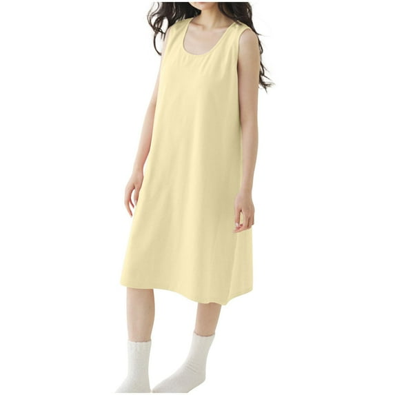 Tnhcen Women's 2025 Cotton Solid Sleep Dresses - New Arrival Sleeveless Round Neck Basic Nightgowns with Built-in Bra Pads Loose Fit Long Pajama Dresses for Women Casual Home Sleepwear M-2XL