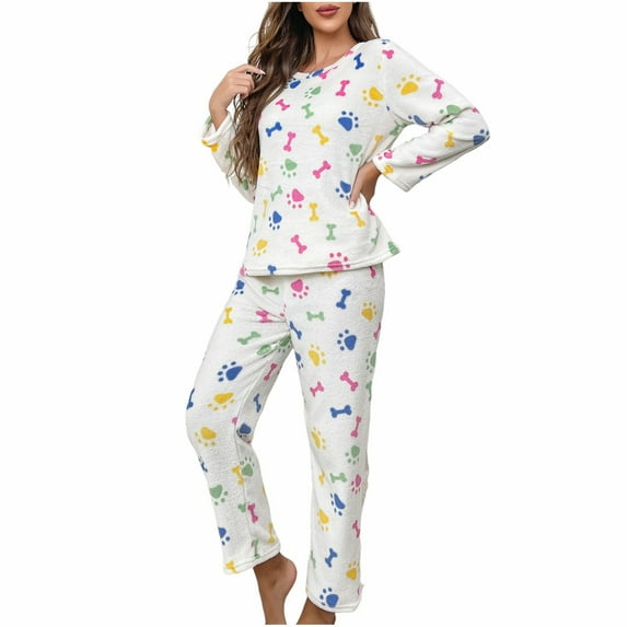 Tnhcen Women's 2025 Flannel Pajama Set Cartoon Print Sleepwear Long Sleeve Pants Soft Cozy Winter Loungewear S-2XL Multiple Colors Available White