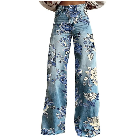 Tnhcen Women's 2025 Floral Print Denim Pants High Waisted Wide Leg Jeans Button Zipper Closure Plus Size Casual Trousers Twill Vintage Fashion S-5XL