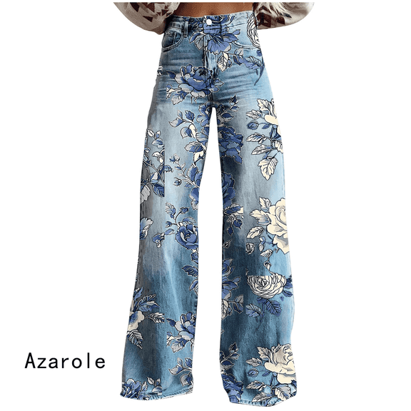 Azarole Women's 2025 Floral Print Denim Pants High Waisted Wide Leg Jeans Button Zipper Closure Plus Size Casual Trousers Twill Vintage Fashion S-5XL