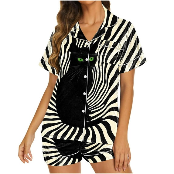 Tnhcen Women's 2025 Halloween Black Cat Print Pajama Set Button Up Short Sleeve Comfortable Sleepwear Cozy Loungewear S-2XL Multicolor