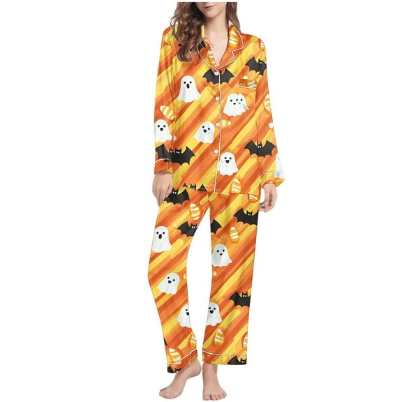 Tnhcen Women's 2025 Halloween Ghost Print Pajama Set Long Sleeve Collared Sleepwear Comfortable Loungewear S-2XL Orange