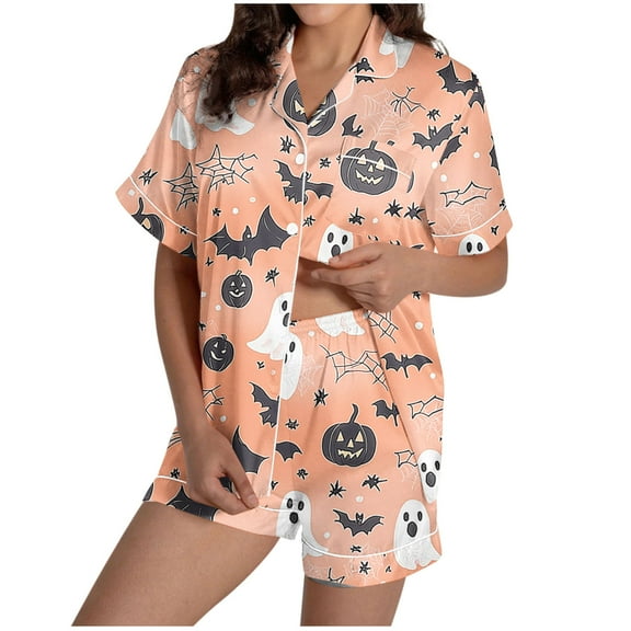 Tnhcen Women's 2025 Halloween Pajama Set Short Sleeve Collared Button Up Shorts Comfortable Loungewear Soft Home Wear S-2XL Multiple Colors Available Rose Gold