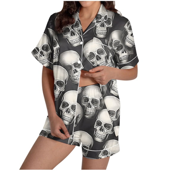 Tnhcen Women's 2025 Halloween Pajama Set Short Sleeve Collared Button Up Shorts Comfortable Loungewear Soft Home Wear S-2XL Gray