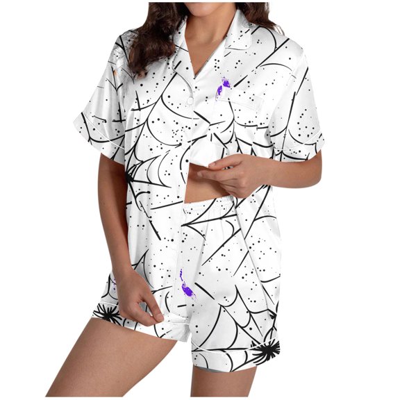 Tnhcen Women's 2025 Halloween Pajama Set Short Sleeve Collared Button Up Shorts Comfortable Loungewear Soft Home Wear S-2XL White
