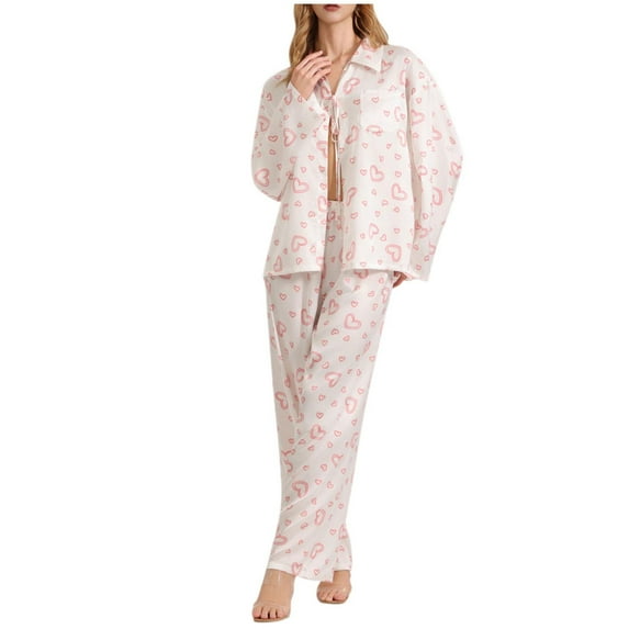 Tnhcen Women's 2025 Heart Print Pajama Set Satin Sleepwear Long Sleeve Loungewear Tie Front Cardigan Soft Home Wear S-L Pink