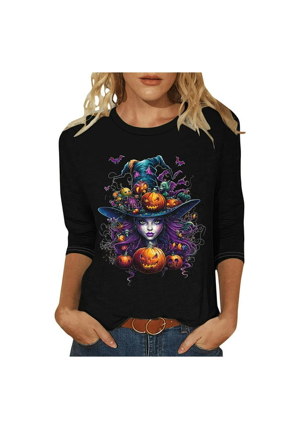 Women's 2025 New Halloween Pumpkin Print Round Neck 7/8 Sleeve Loose Fit Tops – Fall Festival Casual Shirts Plus Size S-5XL