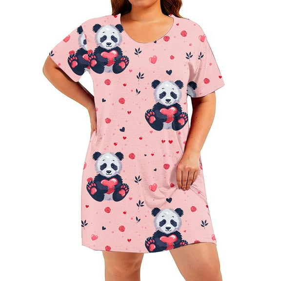 Tnhcen Women's 2025 Spring Summer Loose Crewneck Cute Panda Print Plus Size Short Sleeve Sleepwear Dress | XL-5XL Loungewear