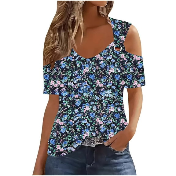 Tnhcen Women's 2025 Summer New Off-Shoulder Floral Print Blouses - Breathable Mesh Tops with Hollow Design Plus Size S-3XL Stretchy Polyester Spandex Shirts
