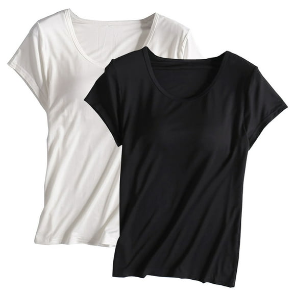 Tnhcen Women's 2PC Solid Color Crewneck Padded Short Sleeve Sleepwear Tops | Modal Cotton Blend | Cozy Loungewear | S-4XL Milk White Black