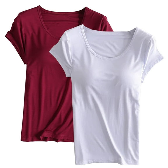 Tnhcen Women's 2PC Solid Color Crewneck Padded Short Sleeve Sleepwear Tops | Modal Cotton Blend | Cozy Loungewear | S-4XL Wine Red Pure White