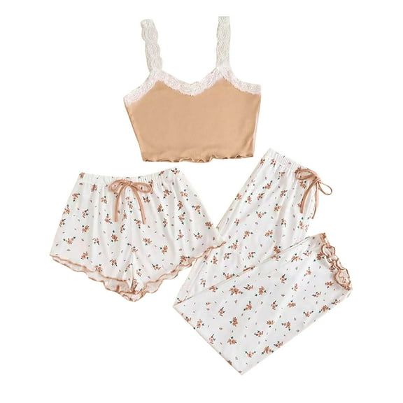 Tnhcen Women's 3 Pcs Heart Print Satin Pajama Set Cami Top Shorts Pants Pj Sets Homewear S-XL